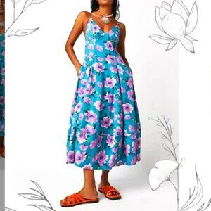 NWT FREE PEOPLE FINER THINGS TEAL FLORAL STRAPPY BOHO MIDI SUNDRESS M
